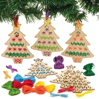 Wooden Christmas Tree Cross Stitch Decoration Kits (Pack of 5) Christmas Crafts 7 assorted thread colours - Red,  Yellow,  Blue,  Light Green,  Dark Green,  Orange and Purple