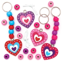 Wooden Heart Keyring & Bag Dangler Kits (Pack of 4) Craft Kits For Kids 5 assorted bead colours - Blue,  Red,  Pink,  Light Pink & Purple