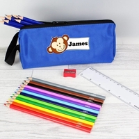 Blue Monkey Pencil Case with Pencils & Crayons