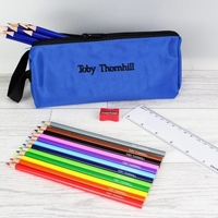 Blue Pencil Case with Pencils & Crayons
