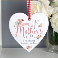 Floral Bouquet 1st Mothers Day Wooden Heart Decoration