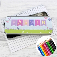 Garden Bunting Pencil Tin with Pencil Crayons