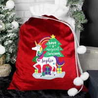 Personalised Christmas Unicorn Luxury Pom Pom Sack
