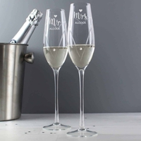 Personalised Hand Cut Mr & Mrs Pair of Flutes with Swarovski Elements in Gift Box