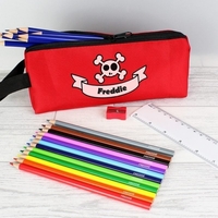 Red Skull Pencil Case with Pencils & Crayons