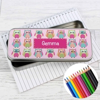Summer Owl Pencil Tin with Pencil Crayons