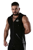 Locker Gear Ribbed Cotton & Leatherette Sleeveless Hoody - Black Striped Cotton 2XL