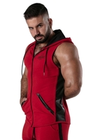 Locker Gear Ribbed Cotton & Leatherette Sleeveless Hoody - Red Striped Cotton L