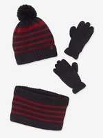 Beanie + Snood + Mittens or Gloves with Stripes & Polar Fleece Lining for Boys blue dark two color/multicol