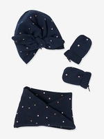 Beanie + Snood + Mittens Set for Girls,  Oeko Tex® dark blue/print