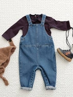 Denim Dungarees & Striped Top Outfit for Babies dark blue stripes
