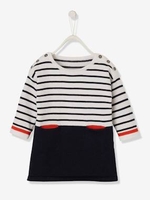 Knitted Striped Dress for Baby Girls blue dark striped