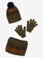 Knitter Beanie + Snood + Mittens or Gloves for Boys,  with Polar Fleece Lining blue dark two color/multicol