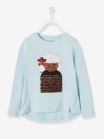 Long-Sleeved T-Shirt with Reversible Sequins for Girls blue light solid with design