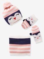Penguin Beanie + Snood + Glove Set for Girls blue medium two color/multicol