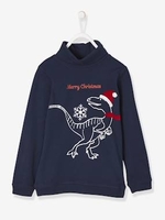 Polo Neck Jumper with Christmas Dinosaur for Boys blue dark solid with design