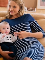 Sailor-Style Adaptable Maternity & Nursing Dress blue dark striped