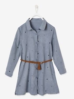 Shirt Dress with Apple Print & Braided Belt for Girls blue medium all over printed
