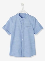 Short-Sleeved Mandarin Collar Shirt for Boys blue medium solid