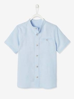Short-Sleeved Shirt with Mandarin Collar in Cotton/Linen for Boys white light solid