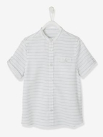 Striped,  Short-Sleeved Mandarin Collar Shirt for Boys white light striped