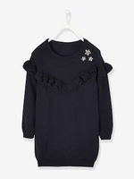 Sweater Dress with Frills for Girls blue dark solid with design