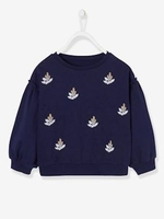 Sweatshirt Embroidered with Iridescent Flowers for Girls blue dark solid with design