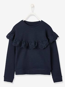 Sweatshirt for Girls,  Broderie Anglaise Ruffle blue dark solid