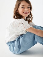 T-Shirt with Butterfly Sleeves in Broderie Anglaise,  for Girls white light solid
