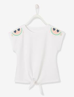 T-Shirt with Knot,  Exotic Motif on the Shoulders,  for Girls white light solid with design