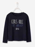 T-Shirt with Message & Motif in Iridescent Puff Ink for Girls blue dark solid with design