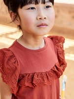 T-Shirt with Ruffles in Broderie Anglaise for Girls red medium solid